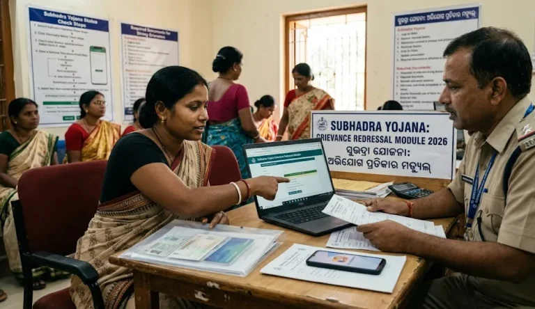 A woman filing an online complaint using the Subhadra Yojana Grievance Redressal Module 2026 at an official helpdesk portal desk
